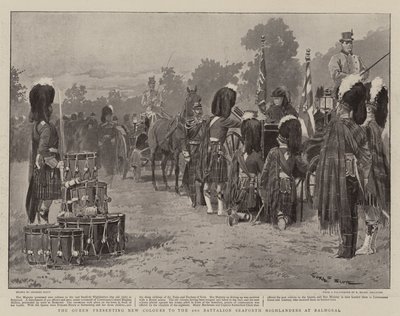 De Koningin presenteert nieuwe kleuren aan het 2e Bataljon Seaforth Highlanders in Balmoral door Georges Bertin Scott